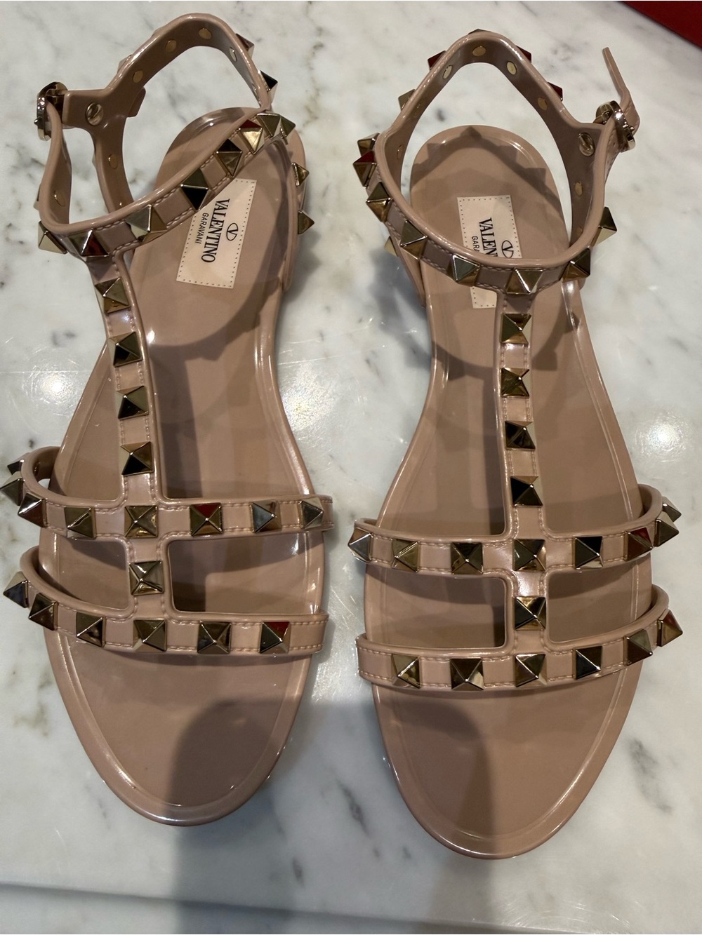 Valentino Nude Patent Rockstud T-Strap Sandals